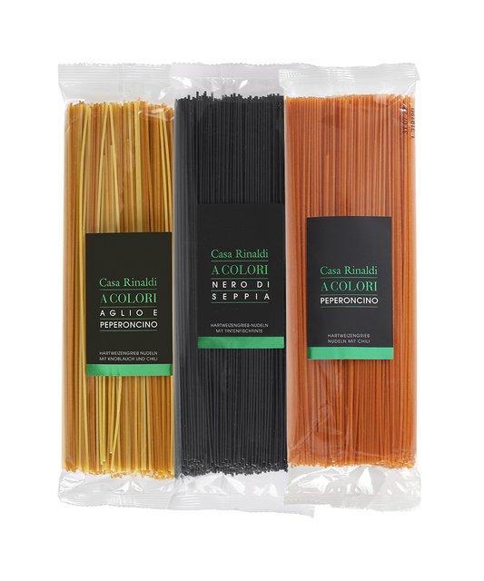 【空輸直送】贅沢イタリア産練り込みスパゲッティ 500g 全3種（イカスミ / 唐辛子 / ニンニク＆唐辛子）